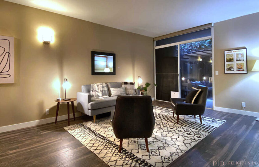 Mid-century modern home staging design of living room in downtown Los Angeles 2 bed, 2 bath condo