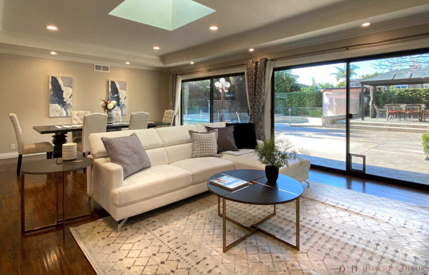 Transitional home staging design of living room in Arcadia 4 bed, 3 bath home