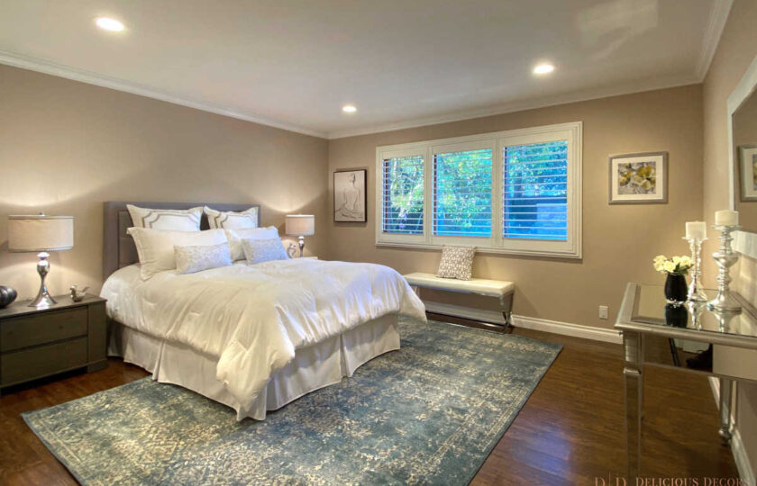 Transitional home staging design of master bedroom in Arcadia 4 bed, 3 bath home