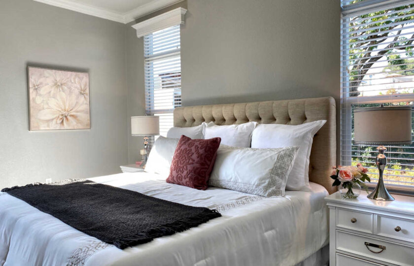 Transitional home staging design of master bedroom in Rancho Santa Barbara 2 bed, 2