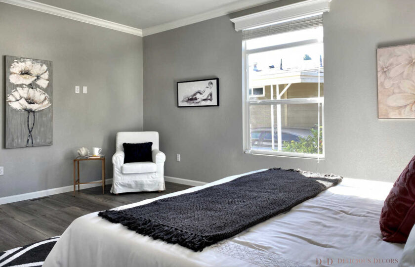Transitional home staging design of master bedroom in Rancho Santa Barbara 2 bed, 2