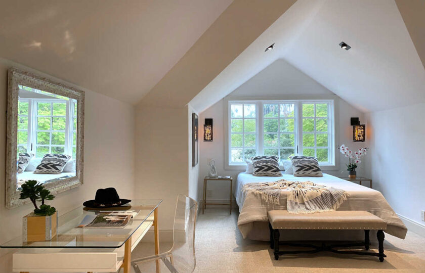 Transitional home staging design of guest bedroom in Upper East Side 3 bed, 4 bath newly constructed home