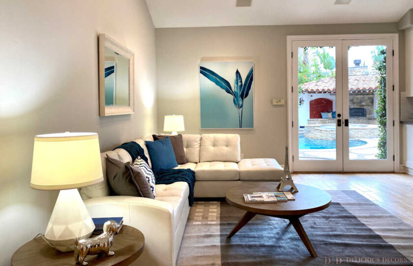 Transitional home staging design of family room in Thousand Oaks 4 bed, 4 bath home