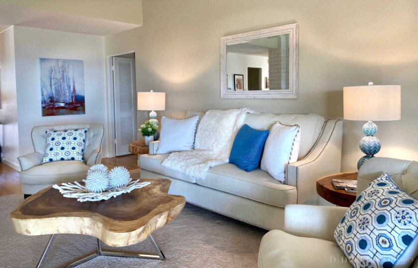 Transitional home staging design of living room in Ventura 4 bed, 3 bath home