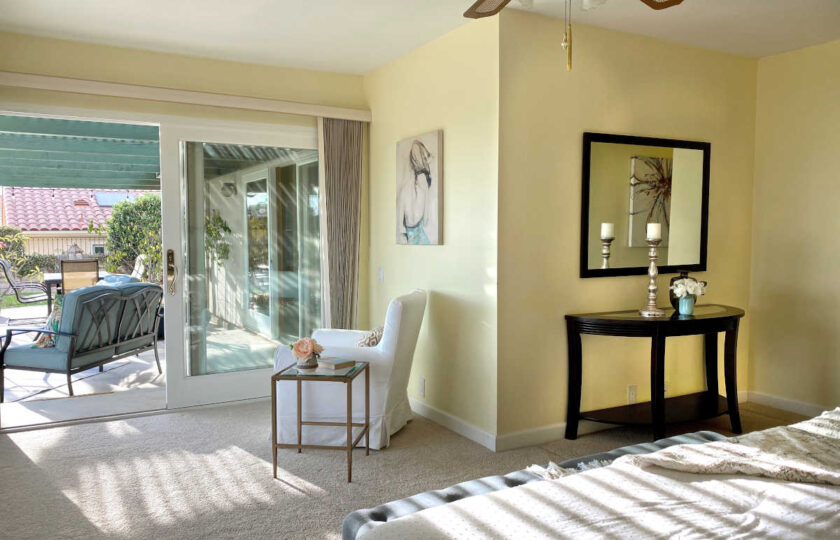 Transitional home staging design of master bedroom in Ventura 4 bed, 3 bath home