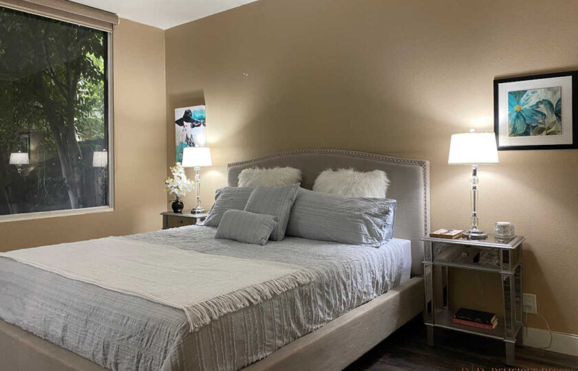Mid-century modern home staging design of master bedroom in downtown Los Angeles 2 bed, 2 bath condo