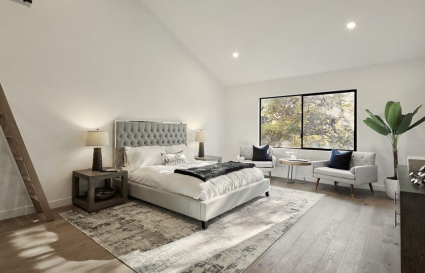 Contemporary home staging design of master bedroom in Los Angeles 2 bed, 2 bath penthouse unit