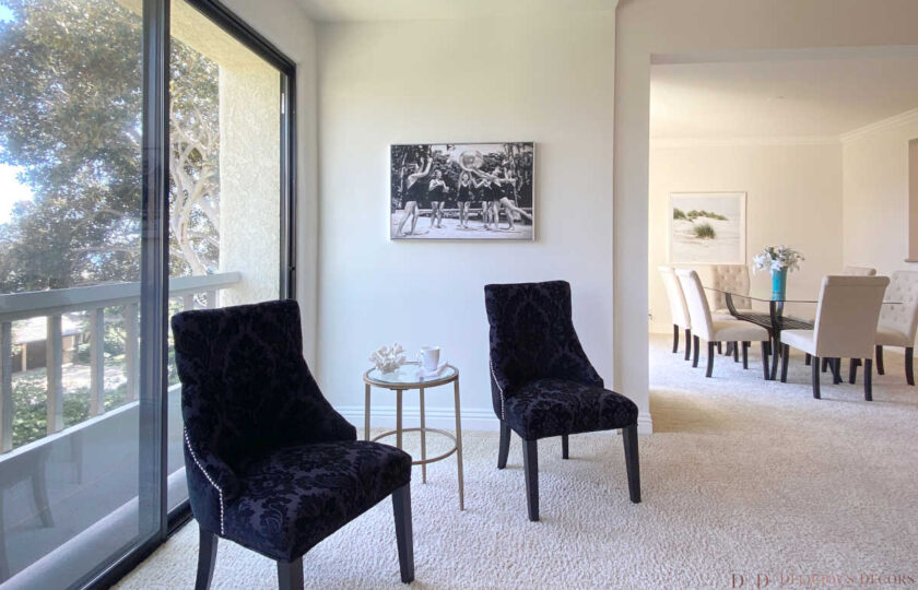 Three piece transitional conversational set in living room corner of Montecito Shores two bedroom condo