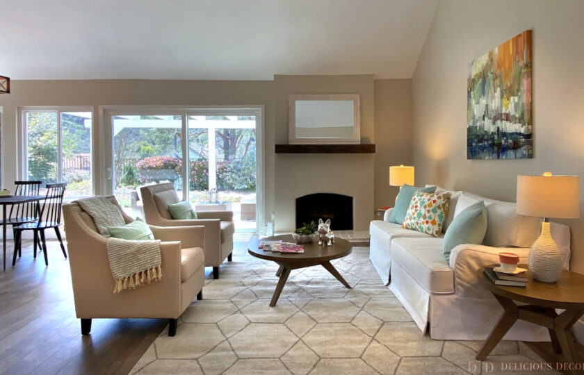 Transitional living room staging facing fireplace