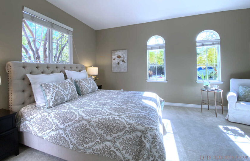 guest bedroom with transitional bed and damask bedding