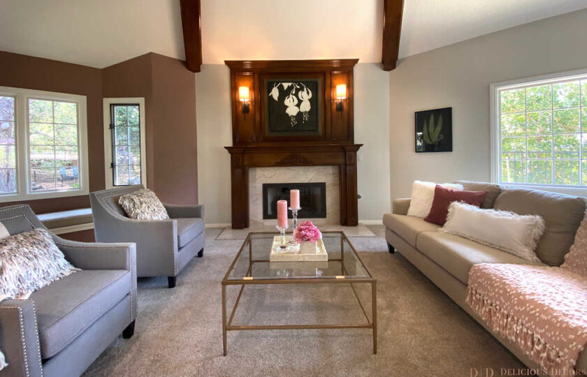 Transitionally staged living room in Thousand Oaks, with 5 bedrooms and 5 bathrooms
