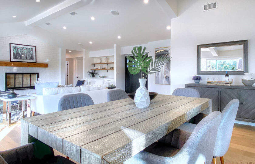 Mid-century modern style dining room in Woodland Hills with a modern dining table and 6 chairs