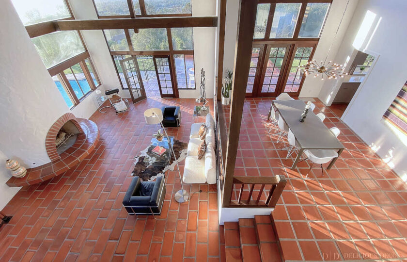 Birds eye view of living room and dining room
