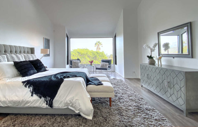 Contemporary home staging design of primary bedroom in Santa Barbara home