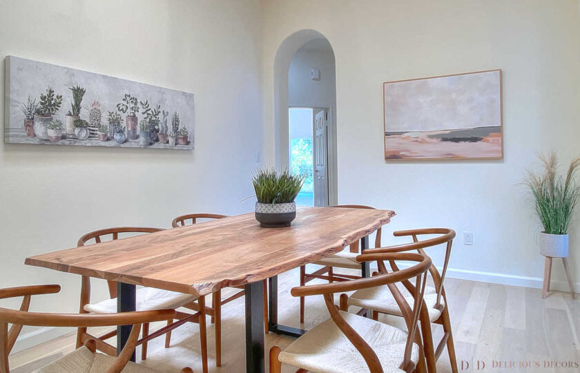 Dining room with canvas art on walls