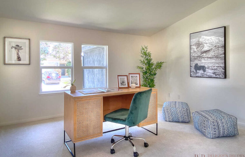 Nothing says California Comfort like a green velvet swivel desk chair tucked into a desk with two cane drawers