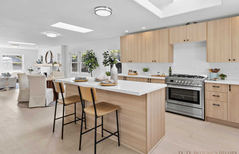 Iron and wood Magnolia home counter stools at kitchen island