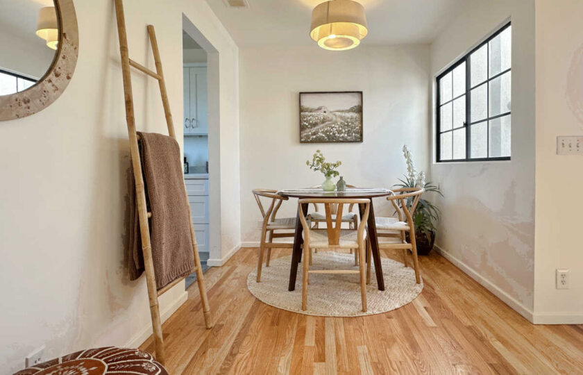 Showing the entire dining space in a casual, chic home staging design in Solvang.