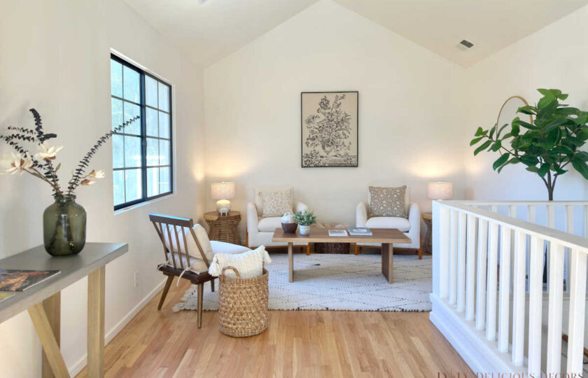 Townhouse loft living room area staged by Delicious Decors