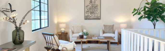 Townhouse loft living room area staged by Delicious Decors